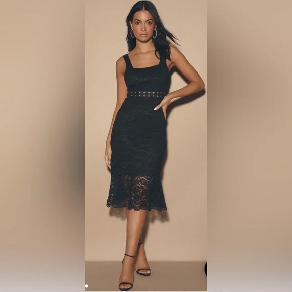 Lulus Dresses Lulus Vibrant Life Black Lace Trumpet Hem Midi